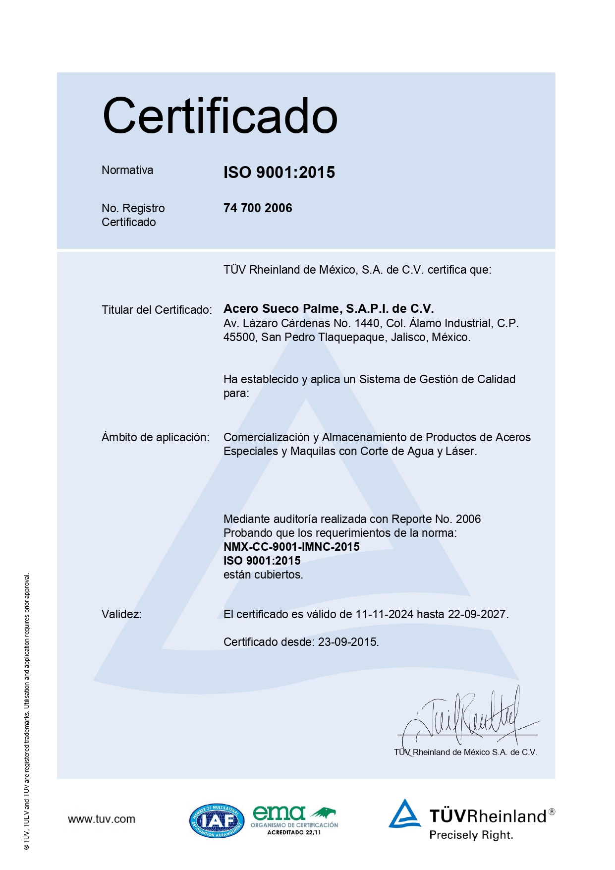 Certificado ISO 9001:2015 de Acero Sueco Palme